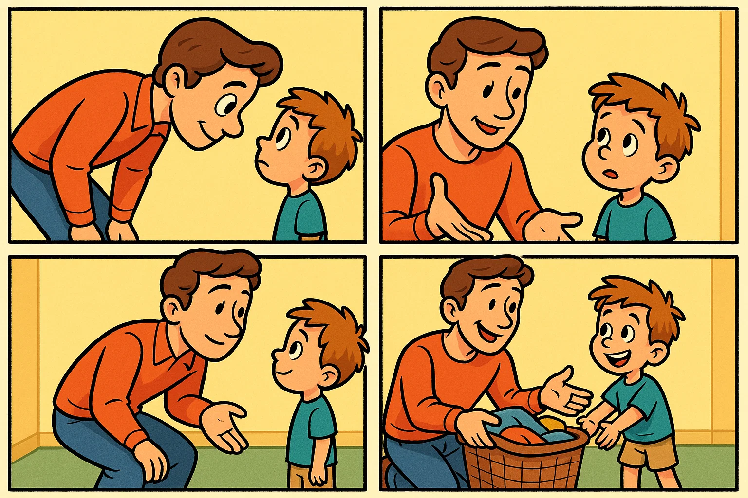 Parent use positive communication strategies like eye contact and calm tone.

