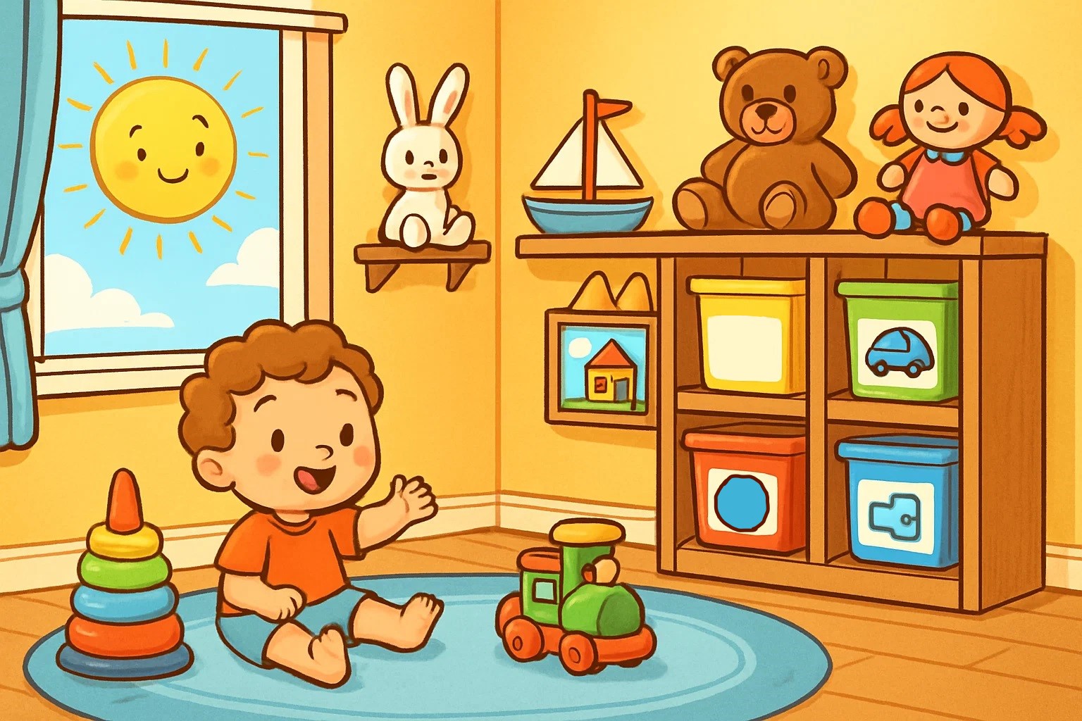 A playful cartoon of a tidy, well-organized playroom with labeled bins, where a toddler can play easily and calmly.