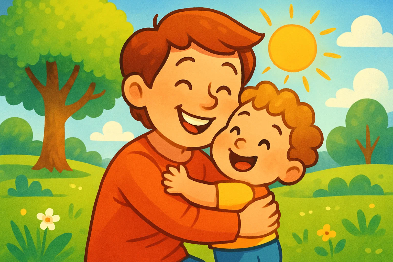 Smiling parent hugging toddler in sunny cartoon park