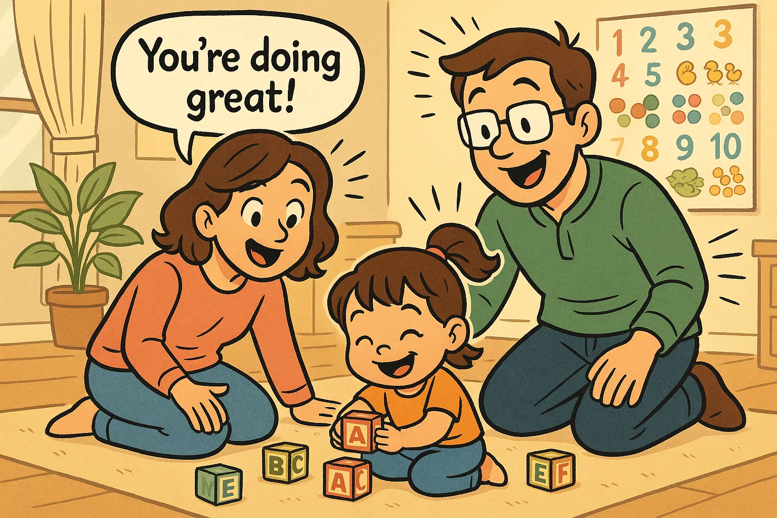 Parents encouraging daughter with learning blocks.