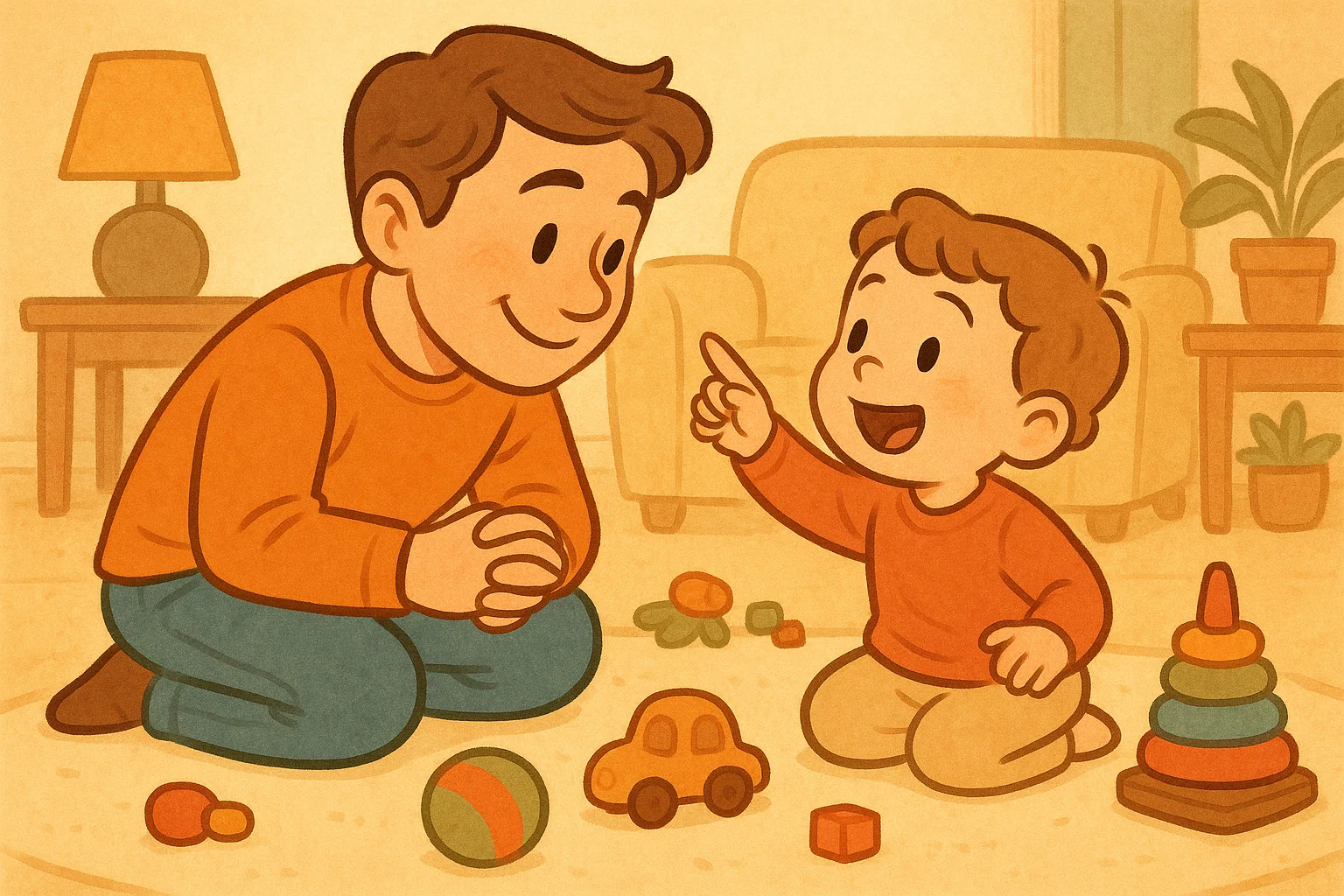 A cartoon of a parent and a 3-year-old smiling and interacting, showcasing positive parenting communication and connection.
