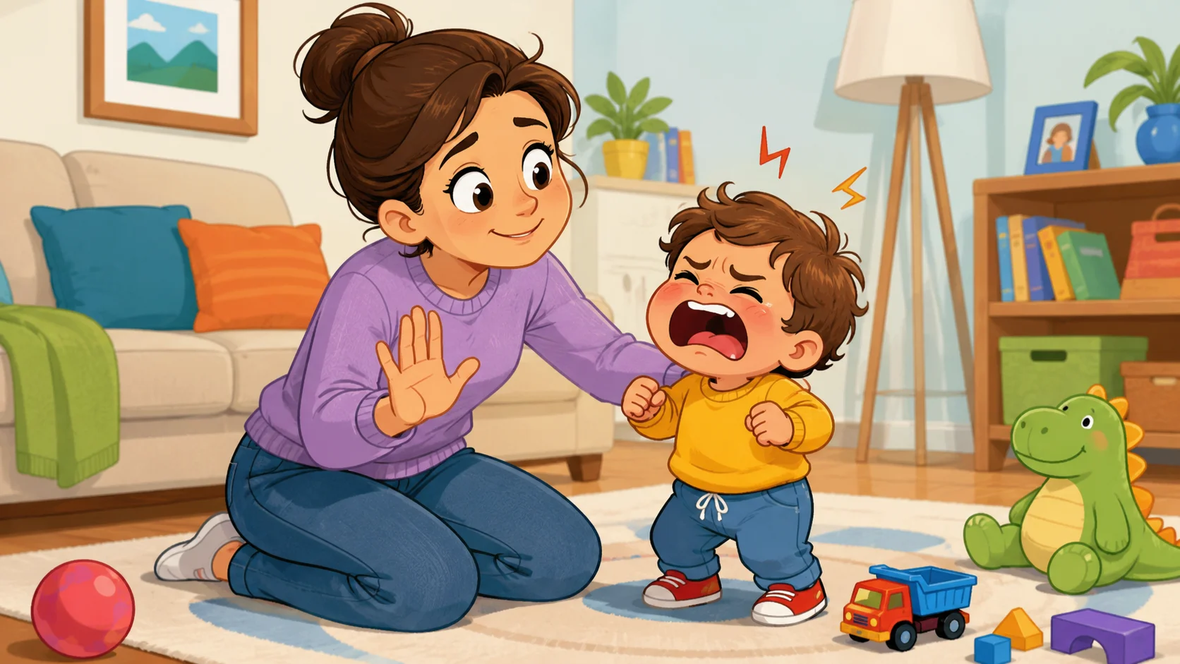Positive toddler discipline as a calm parent guides a child through a tantrum. 
