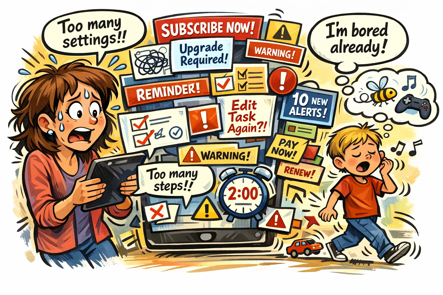 Potential issues and constraints in ADHD apps for kids, including setup and screen time.
