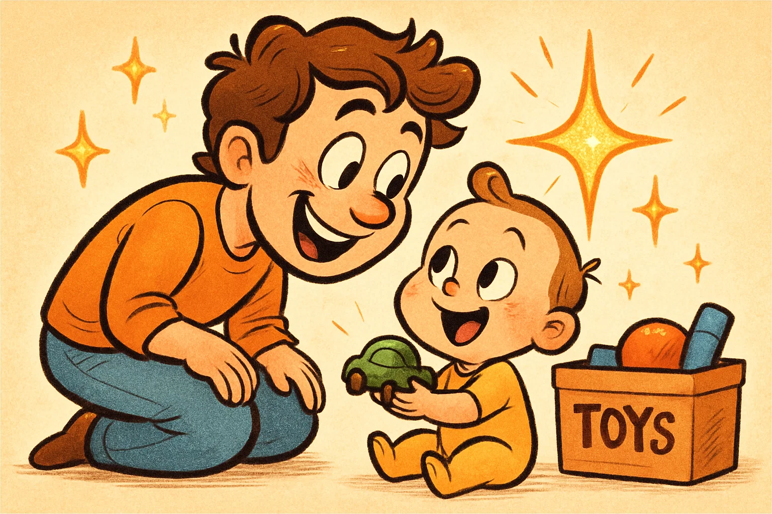 A playful cartoon of a parent praising a toddler, with a sparkling effect over the child's good deed.