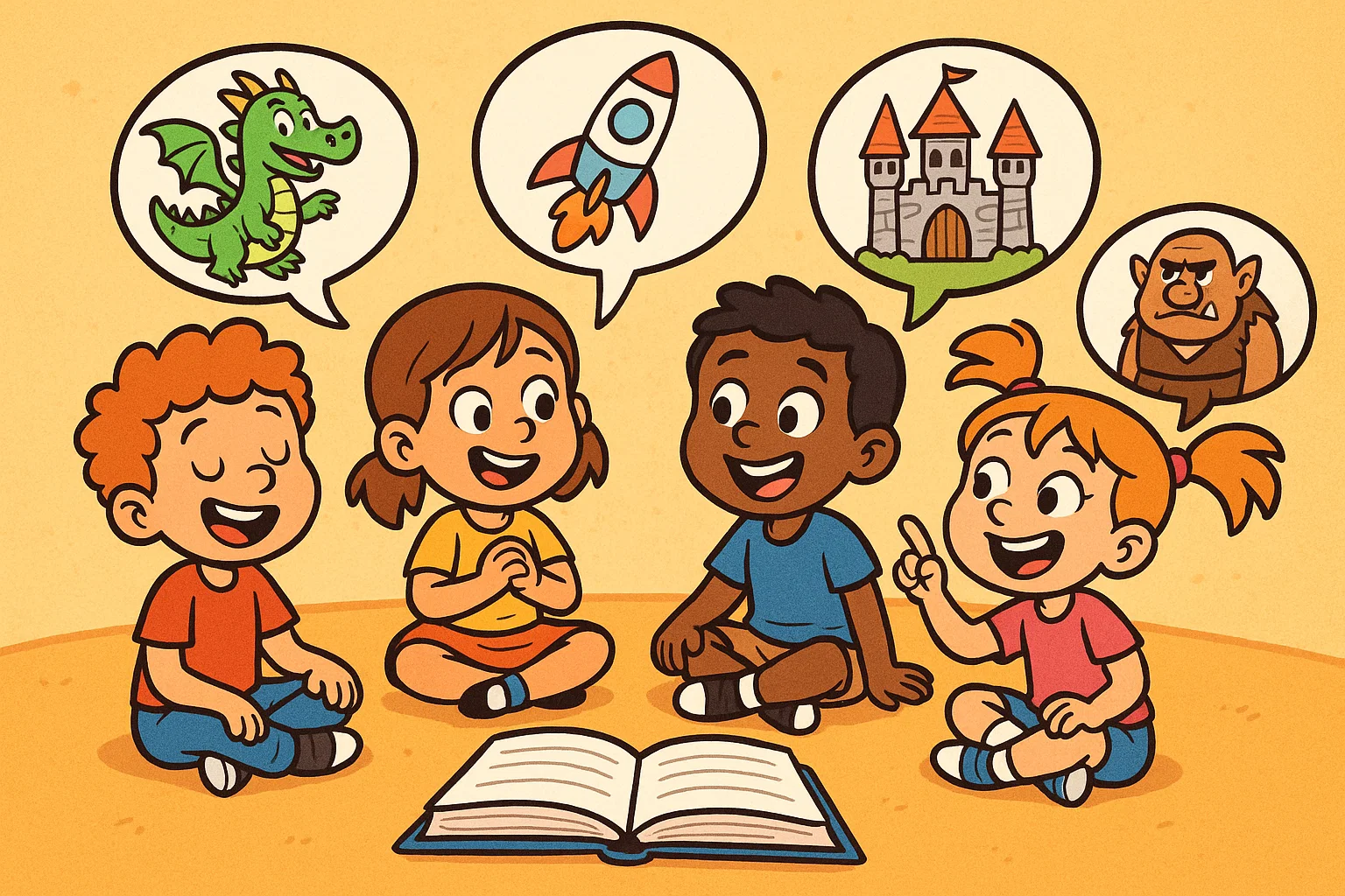 Cartoon children predicting what happens next in a reading activity.
