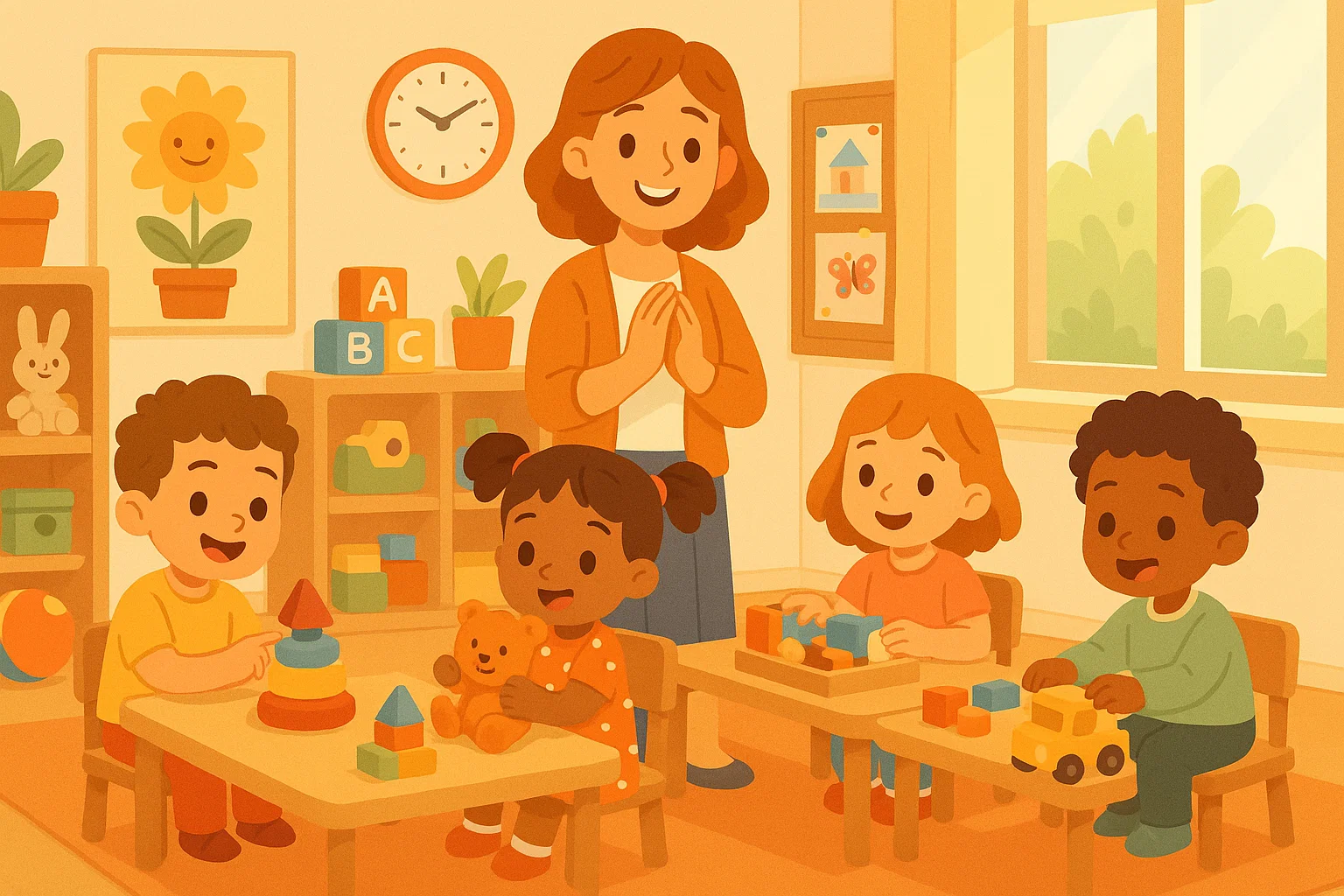 Preschool classroom with toddlers playing and teacher creating supportive environment. Preschool classroom with toddlers playing and teacher creating supportive environment.
