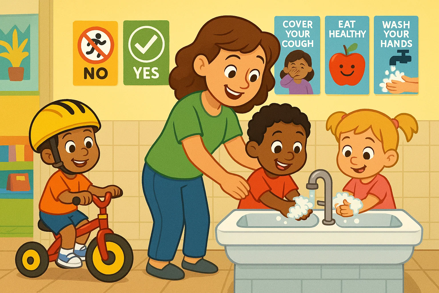 Teacher helping preschool children wash hands to practice hygiene and follow health and safety rules.