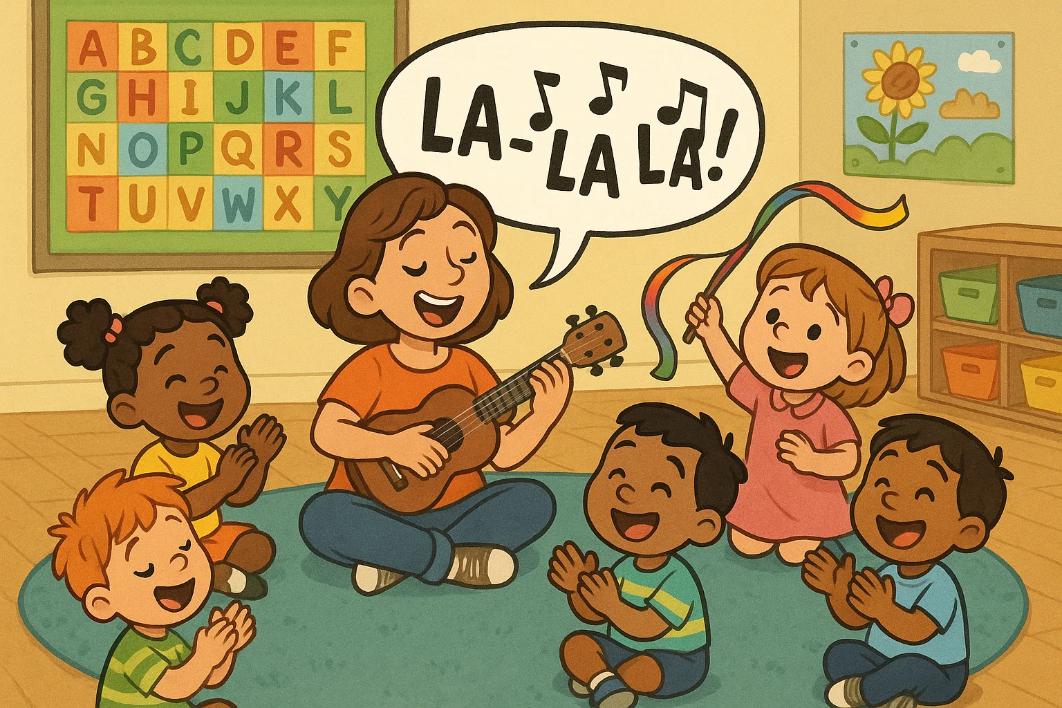 Cartoon preschoolers in music circle clapping, singing and waving ribbons. Cartoon preschoolers in music circle clapping, singing and waving ribbons.