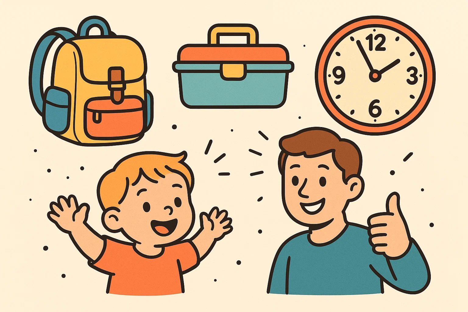 Parent giving tips to toddler with backpack, lunchbox and clock for preschool preparation. Parent giving tips to toddler with backpack, lunchbox and clock for preschool preparation.