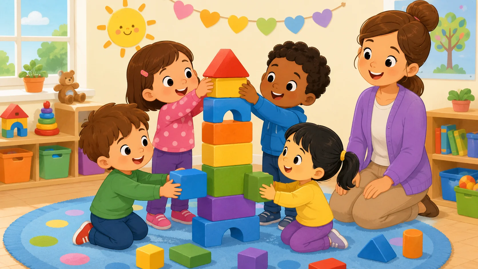 Preschool teamwork block tower game with children building together.