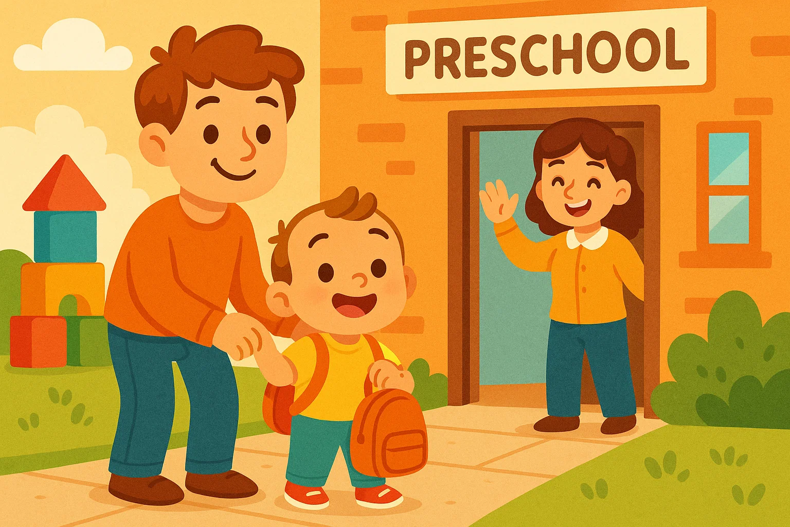 Toddler with backpack smiling on first day of preschool with parent and teacher welcoming.