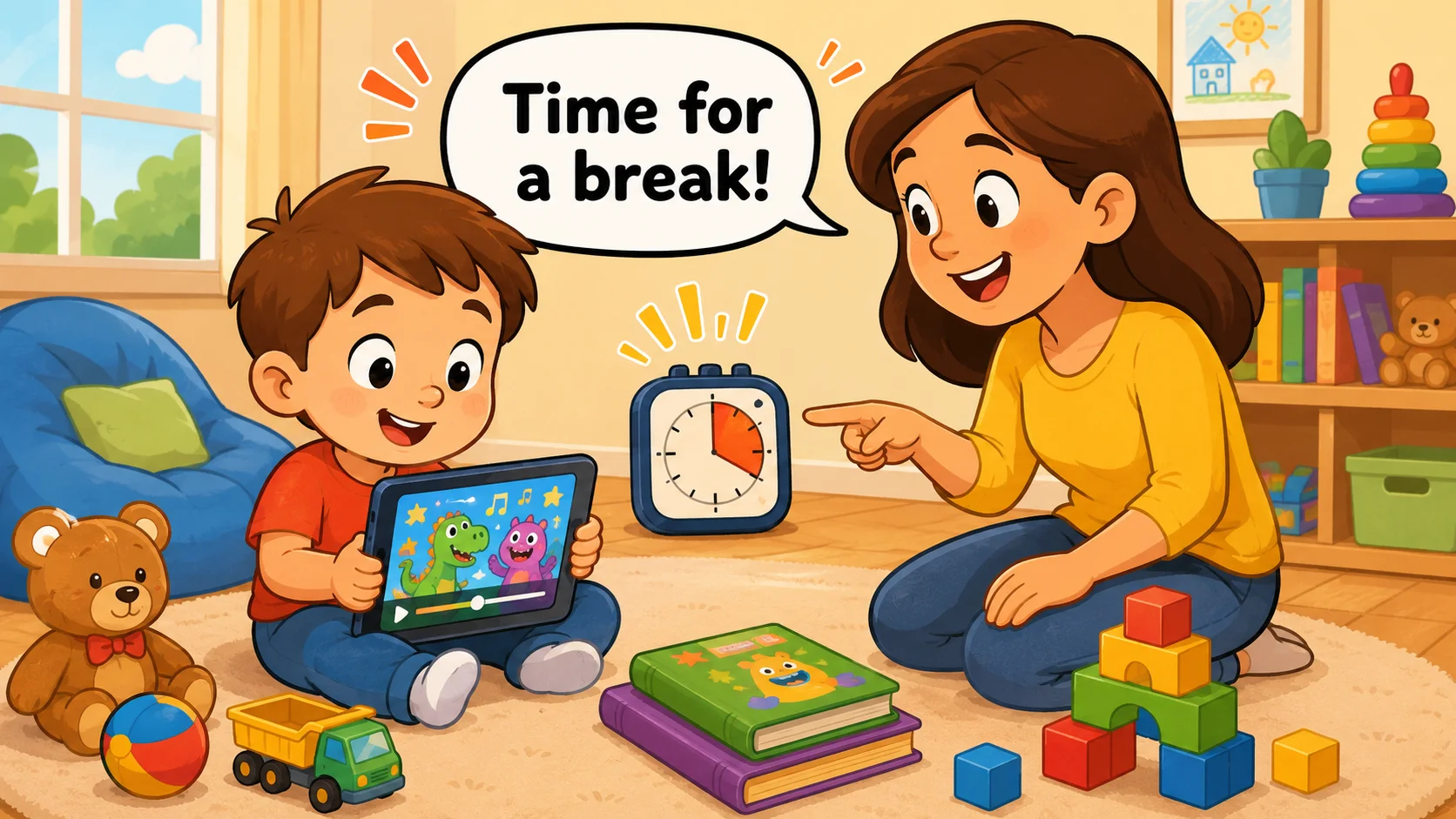 Preschooler takes a screen time break with a parent and screen-free toys.