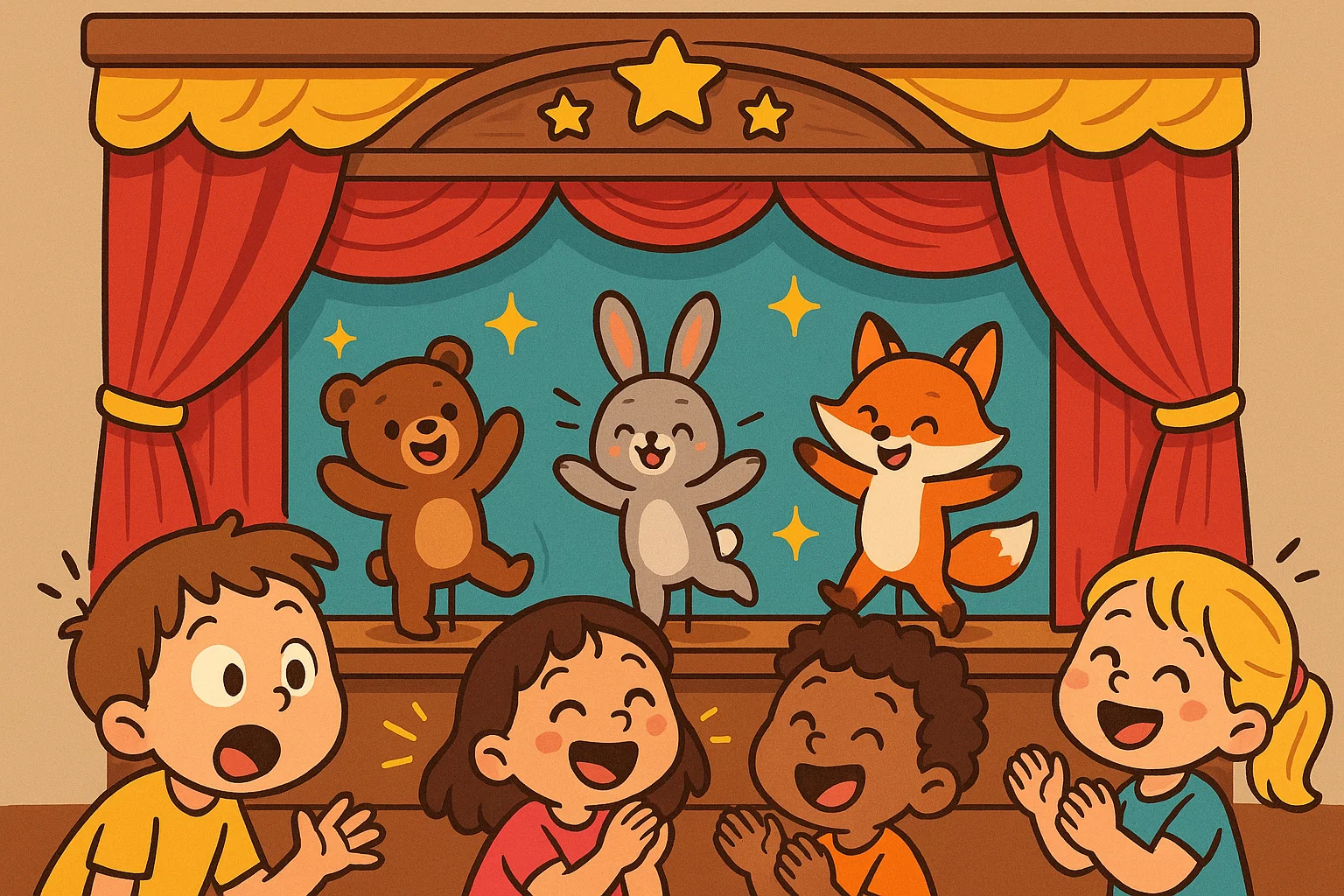 Children watch puppet theater at fun birthday party celebration.