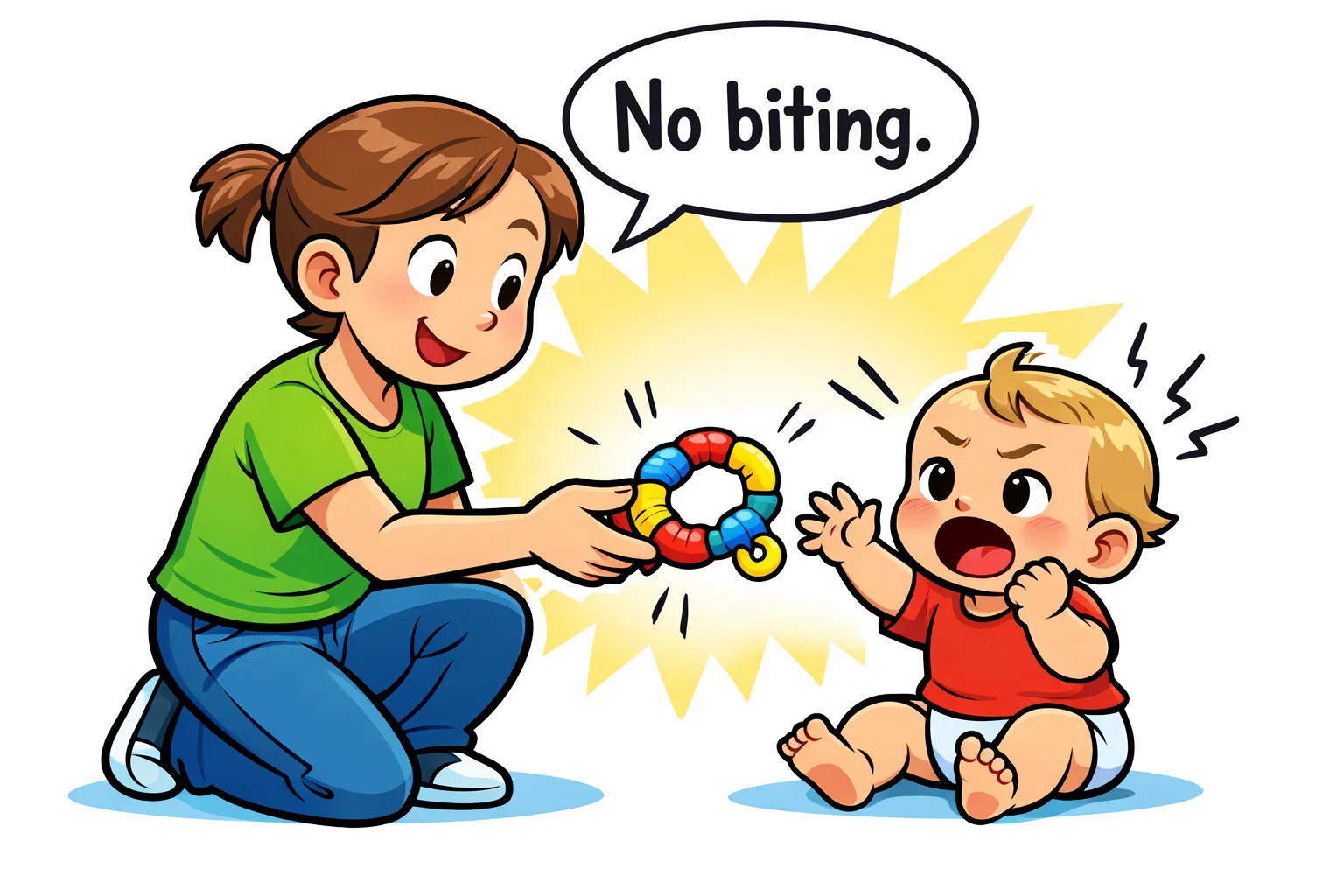 Quick answer no biting teether with parent calmly redirecting toddler.
