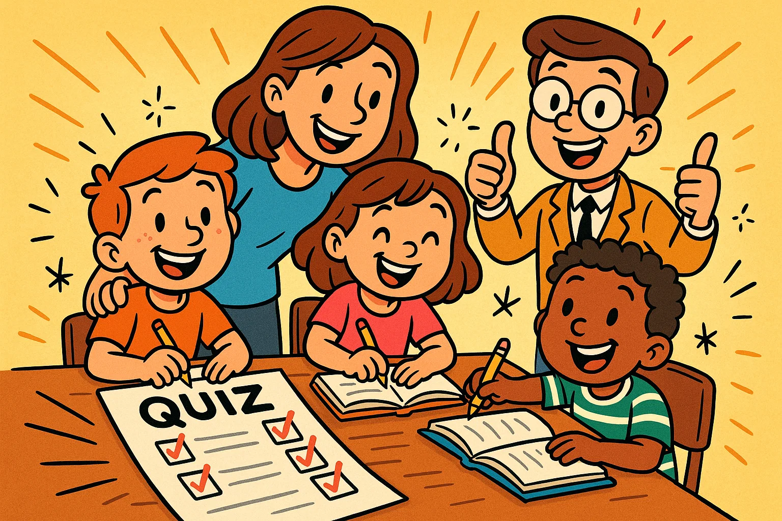 Parent guiding children with quizzes for 8-10 year olds in a playful cartoon. Parent guiding children with quizzes for 8-10 year olds in a playful cartoon.
