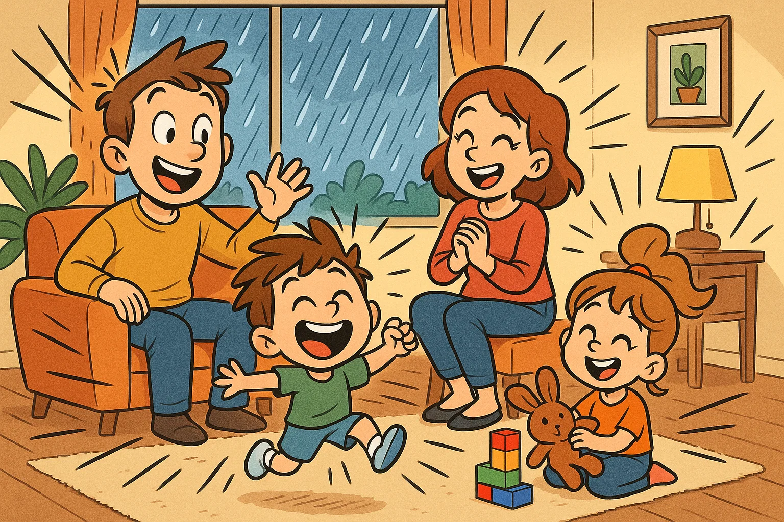 Kids enjoying rainy day activities indoors with playful games and laughter. Kids enjoying rainy day activities indoors with playful games and laughter.
