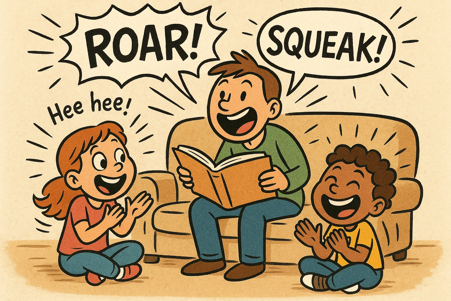 Cartoon parent reading classic childhood books aloud with kids laughing and enjoying. Cartoon parent reading classic childhood books aloud with kids laughing and enjoying.