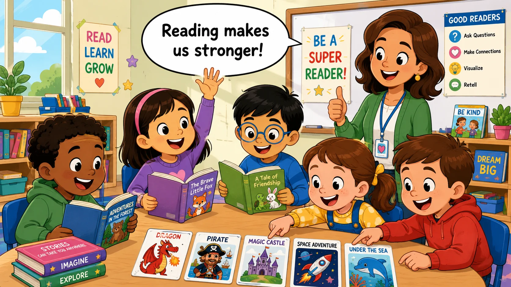 Reading activities build skills and confidence for kids in classroom. 
