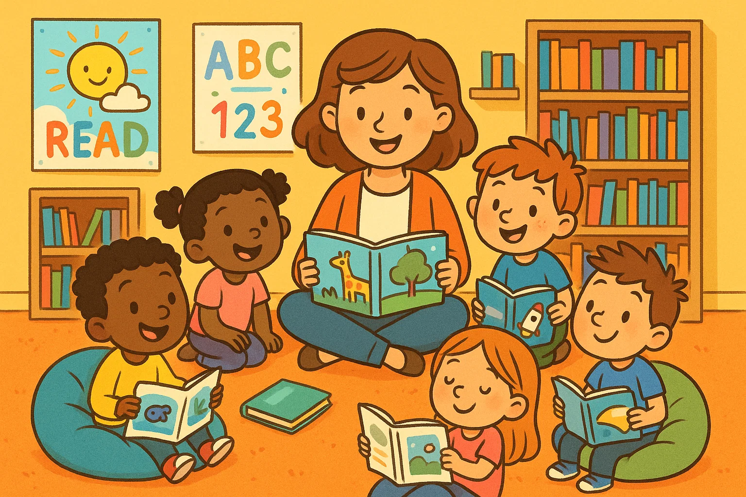 Cartoon classroom with children reading books and engaging in fun activities. Cartoon classroom with children reading books and engaging in fun activities.
