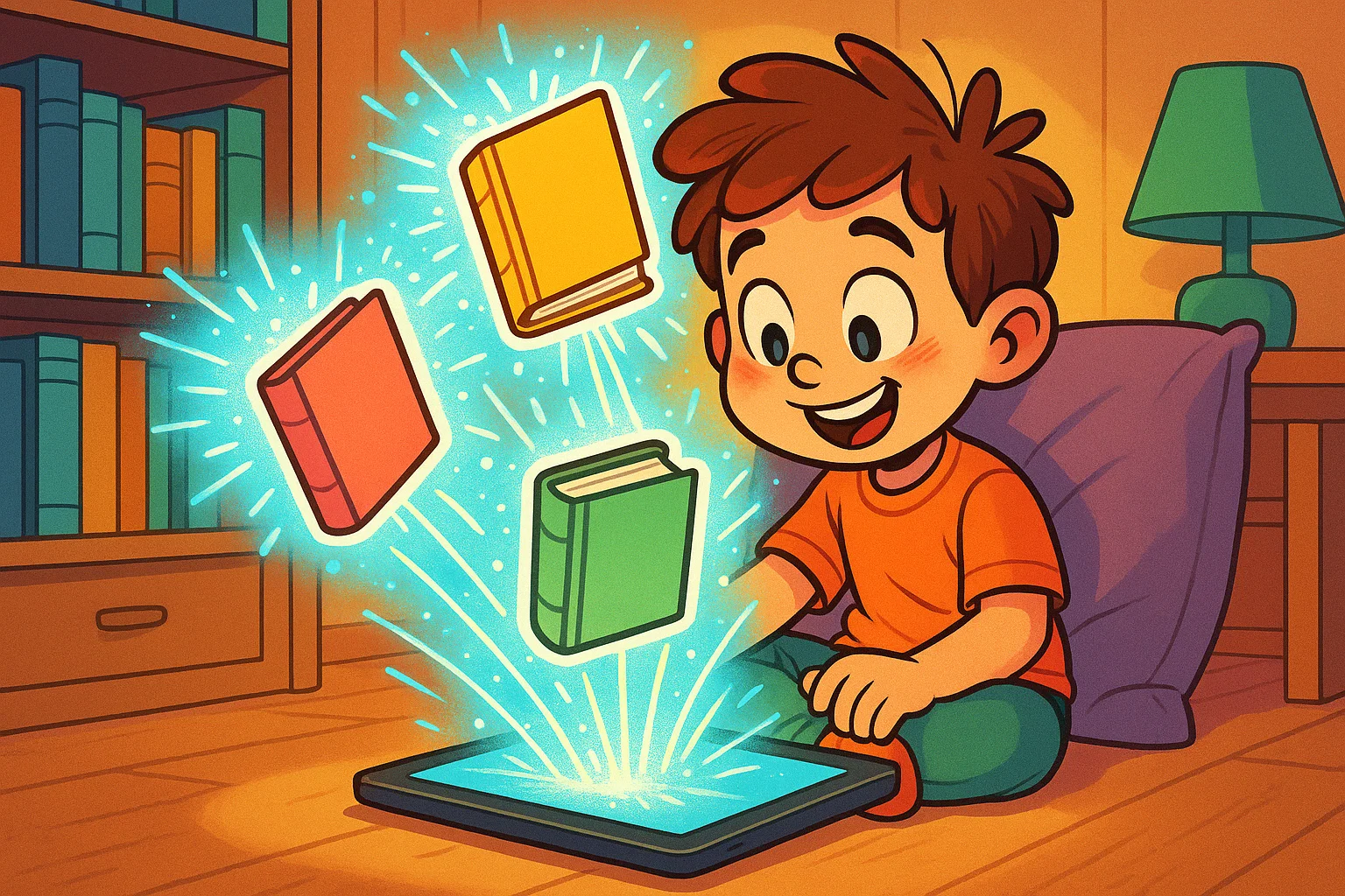 Cartoon child learning with interactive reading apps and websites.
