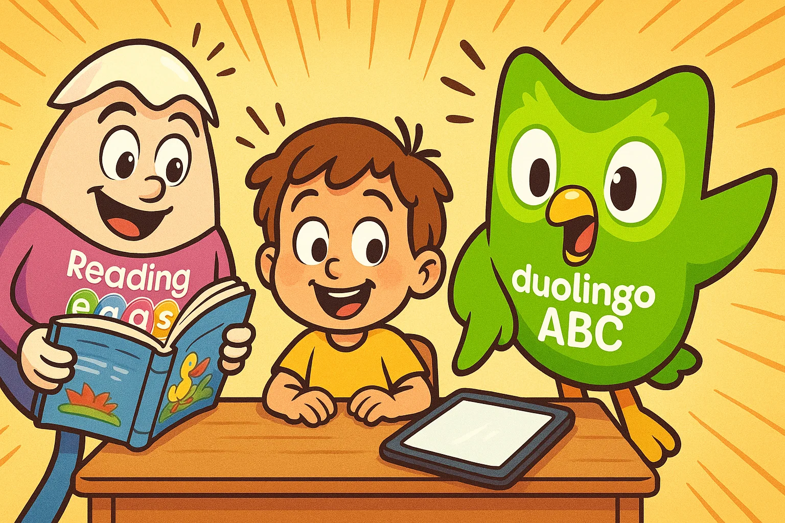 A playful cartoon of a child choosing between the Reading Eggs egg character and the Duolingo ABC owl mascot on a tablet. A playful cartoon of a child choosing between the Reading Eggs egg character and the Duolingo ABC owl mascot on a tablet.