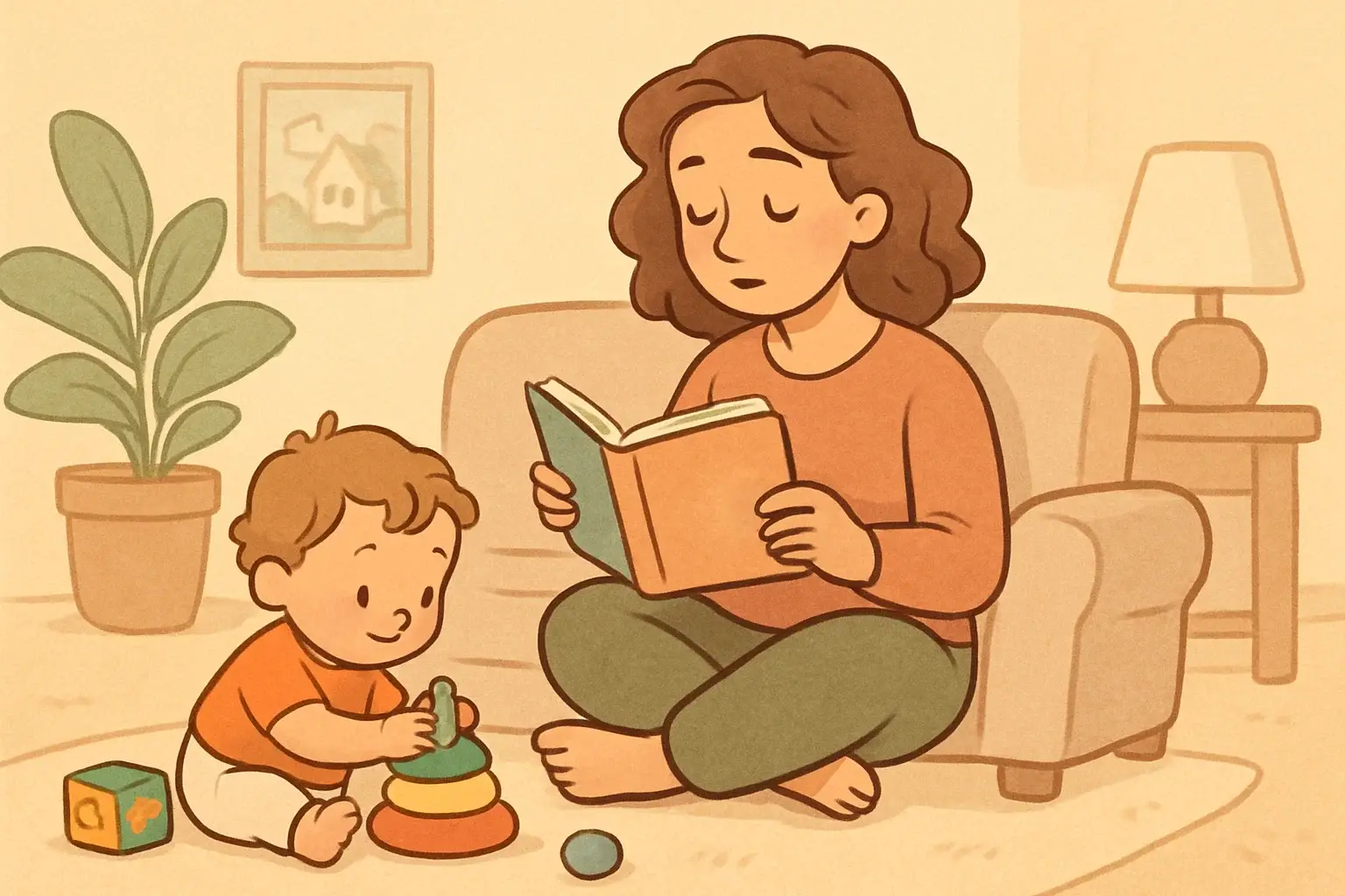Cartoon parent reading baby book while toddler plays nearby