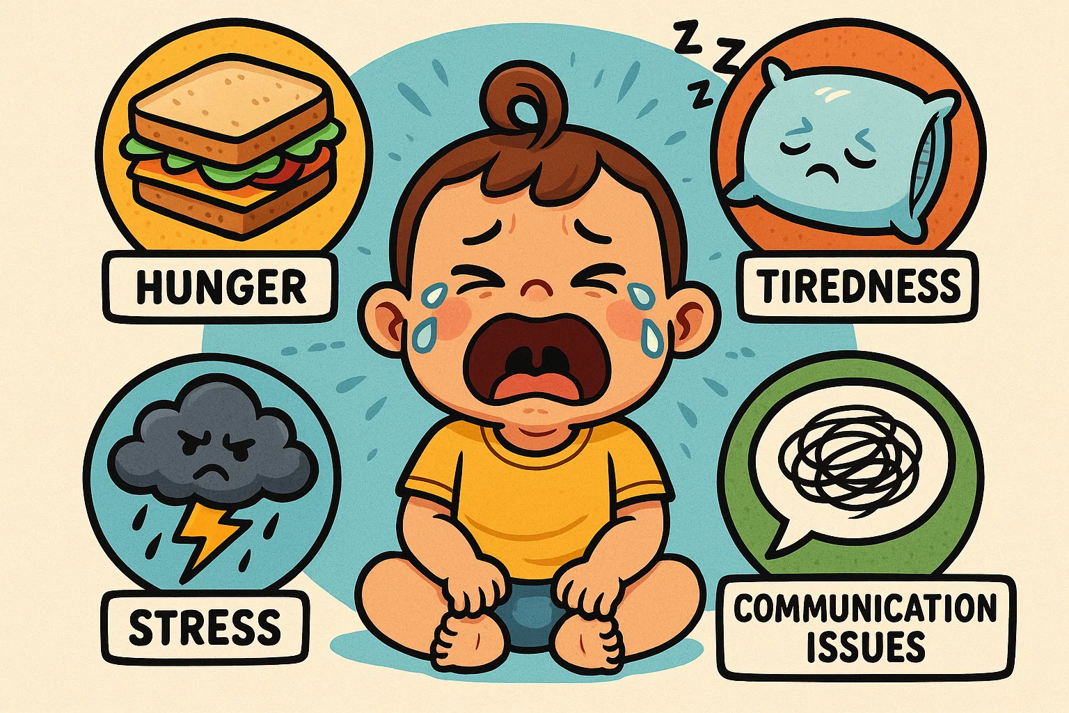 Cartoon reasons why child cries including hunger tiredness and stress.