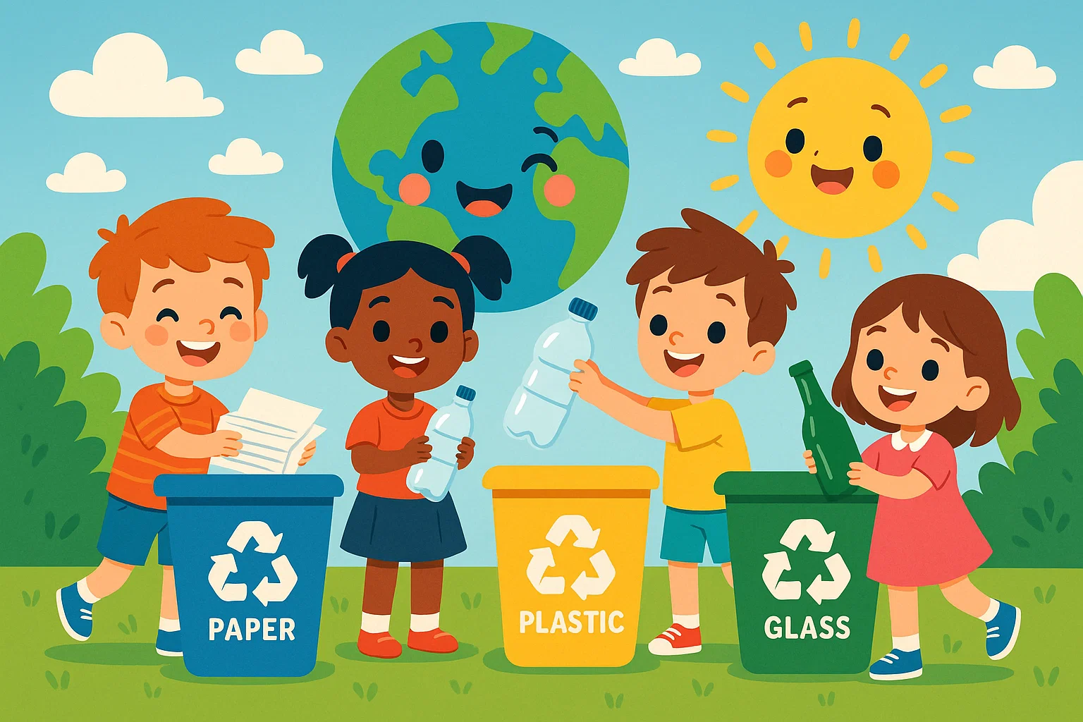 Children doing recycling activities with colorful bins and smiling earth. Children doing recycling activities with colorful bins and smiling earth.