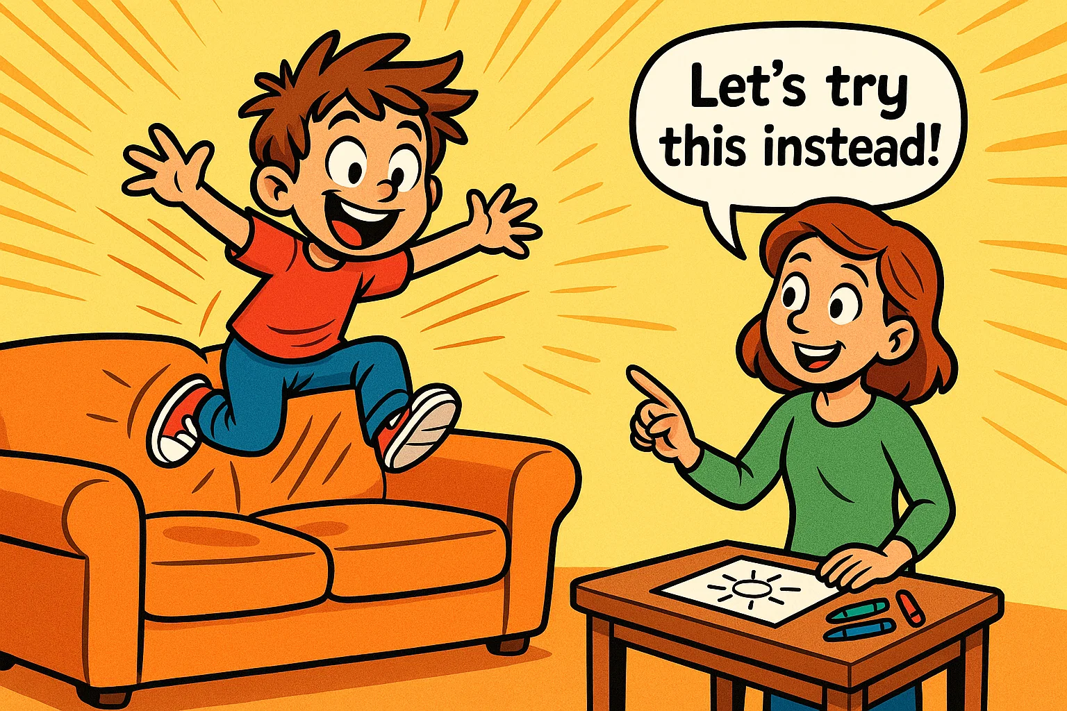 Parent redirecting child from jumping on couch to drawing activity for positive behavior guidance. Parent redirecting child from jumping on couch to drawing activity for positive behavior guidance.