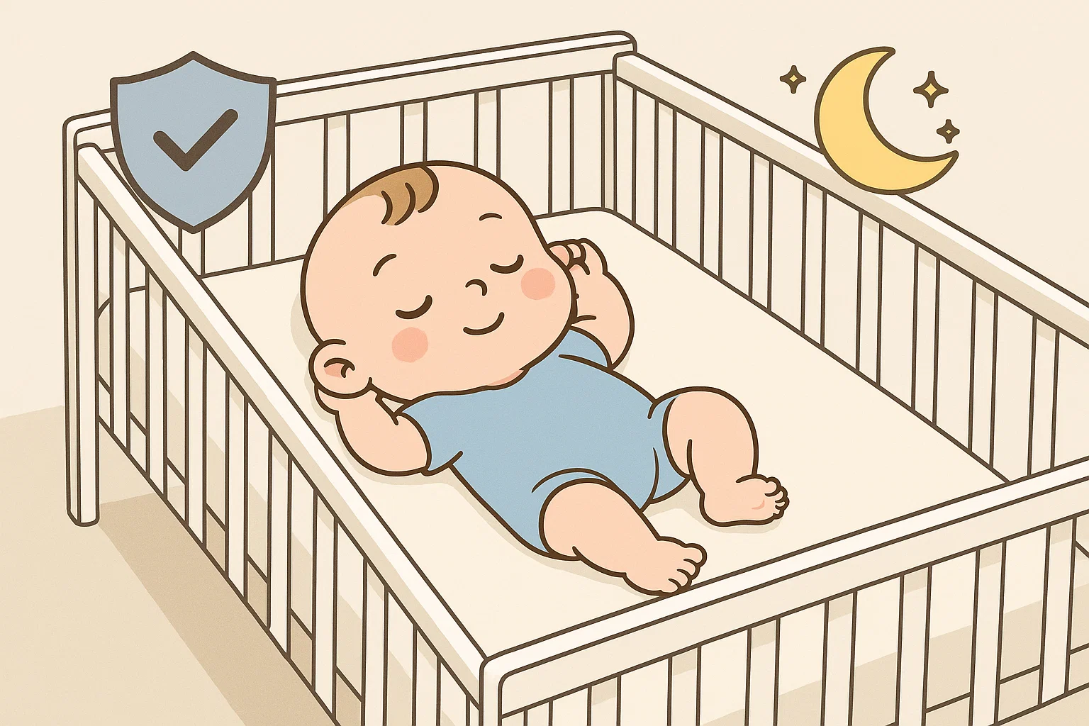 Cartoon baby in safe sleep position with visual cues of protection.