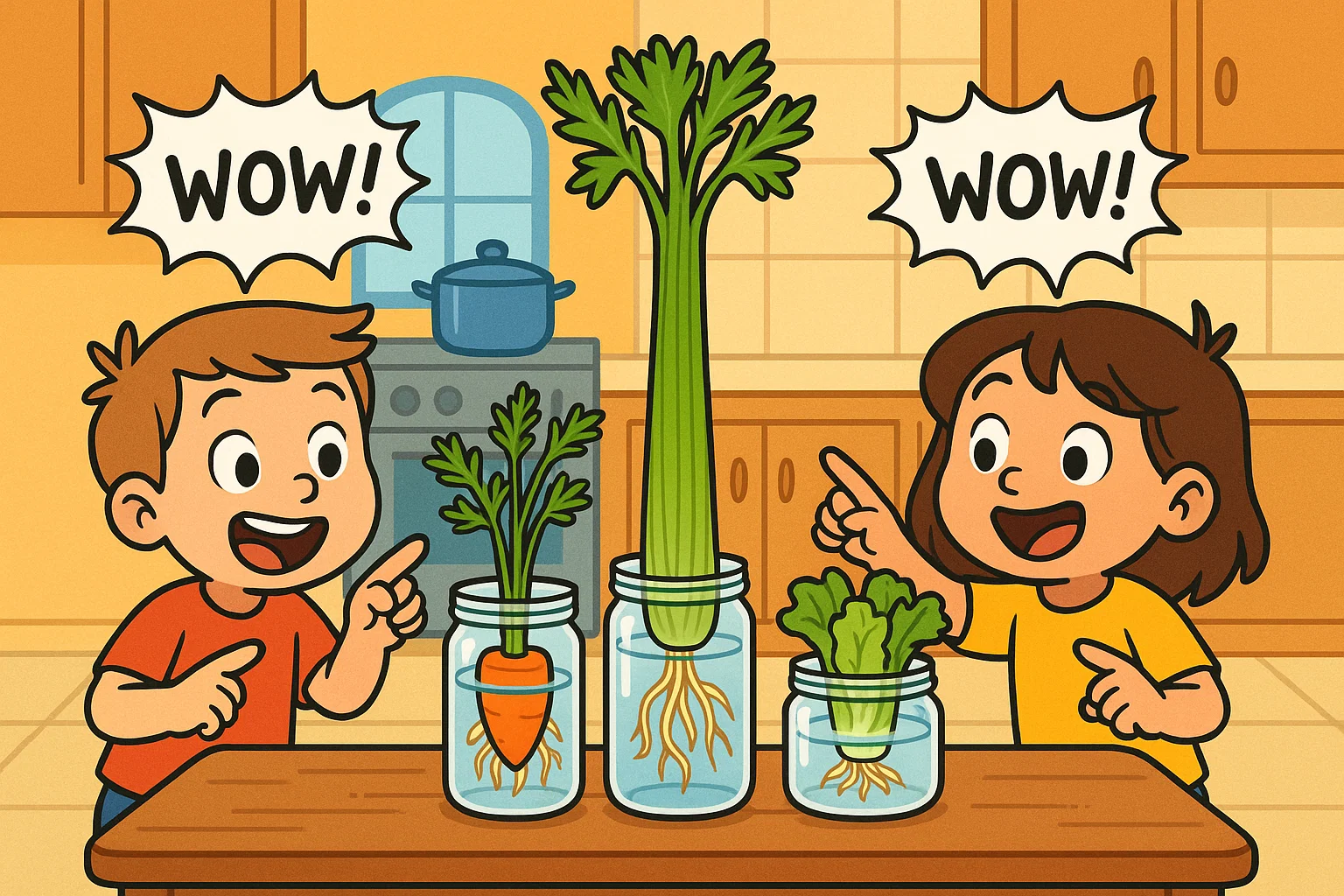 Cartoon kids regrow vegetables from scraps in jars with playful garden fun.