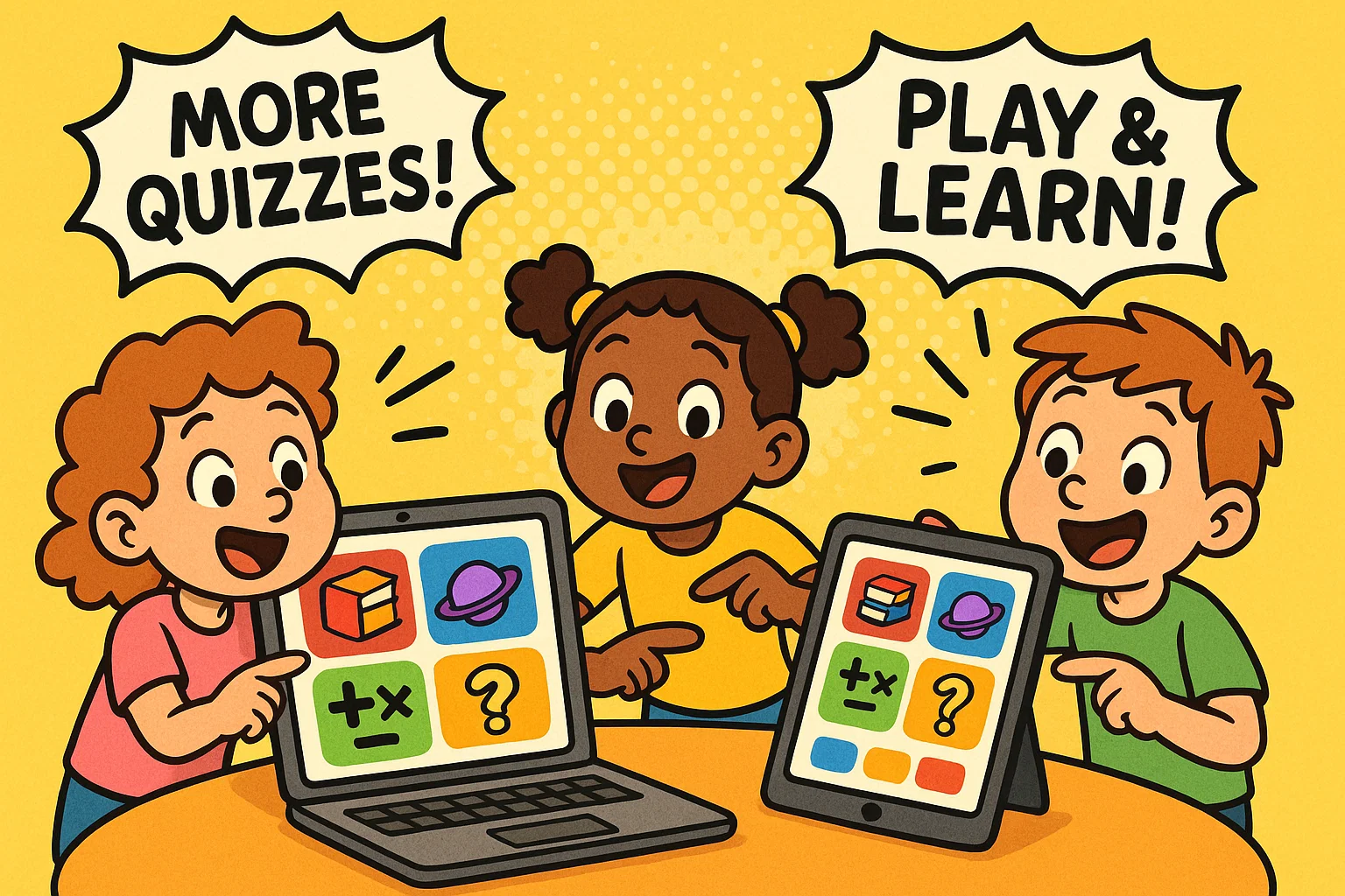 Cartoon kids exploring related quizzes and educational resources online. Cartoon kids exploring related quizzes and educational resources online.