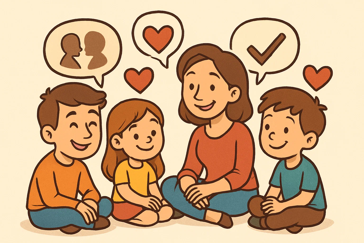 Cartoon-style family bonding through communication and trust-building strategies.