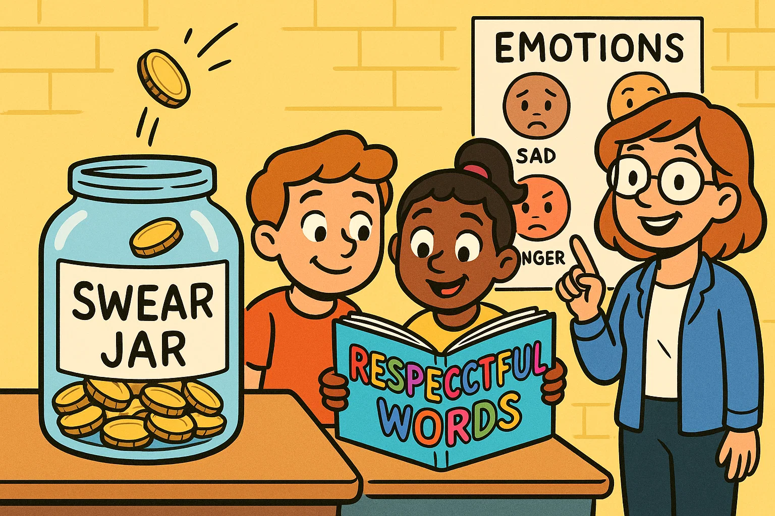 Cartoon students using resources and activities to reduce swearing in school. Cartoon students using resources and activities to reduce swearing in school.