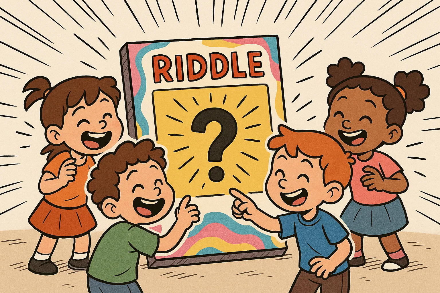 Kids solving riddles and puzzles with answers in a playful cartoon style. Kids solving riddles and puzzles with answers in a playful cartoon style.