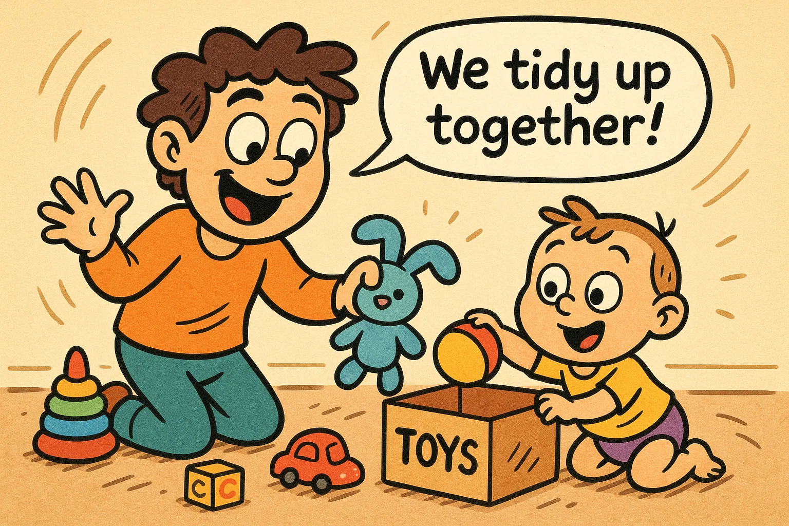 A playful cartoon of a toddler imitating a parent tidying up, showing them as a positive role model.
