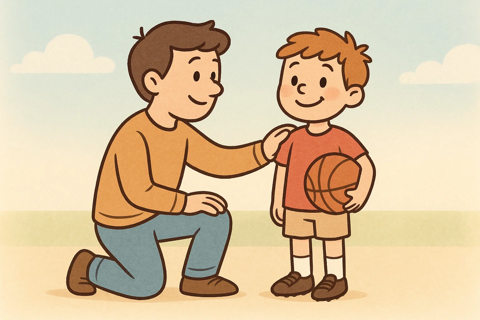 A parent kneeling to talk to a young child holding a basketball. Role of parents in athletic motivation.
