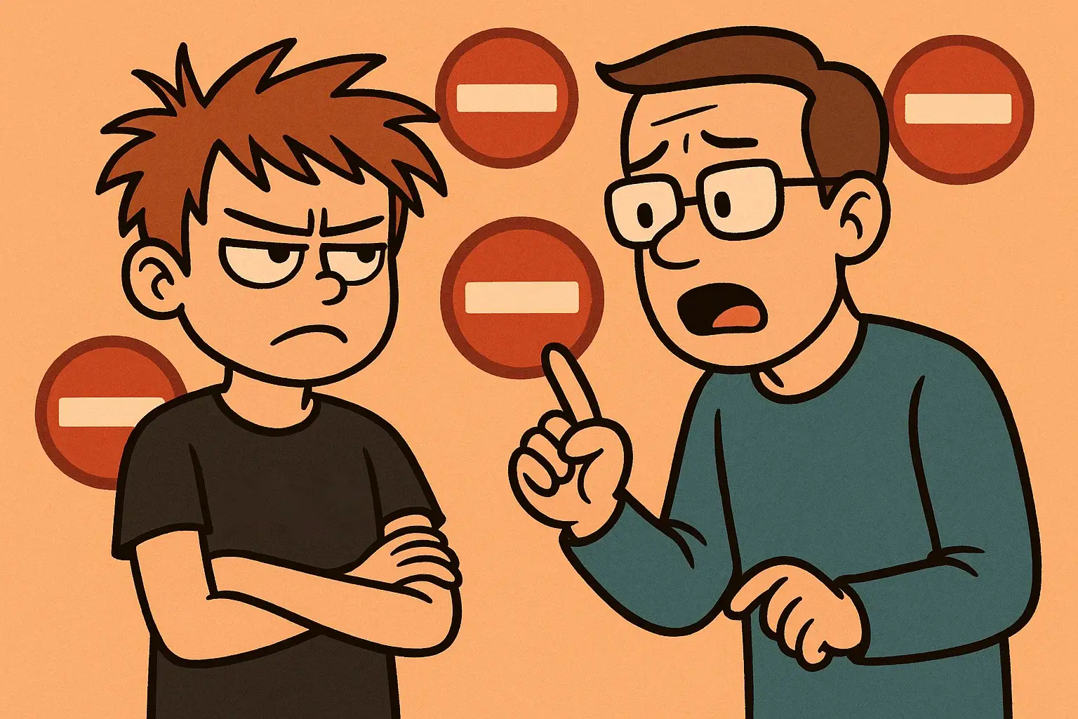 Cartoon ADHD teen rejecting authority during rule discussion. Cartoon ADHD teen rejecting authority during rule discussion.