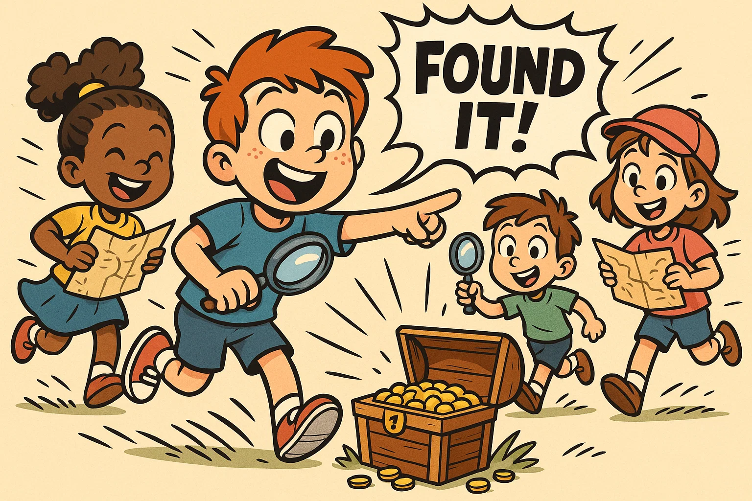 Children playing scavenger hunt with maps and treasure clues.
