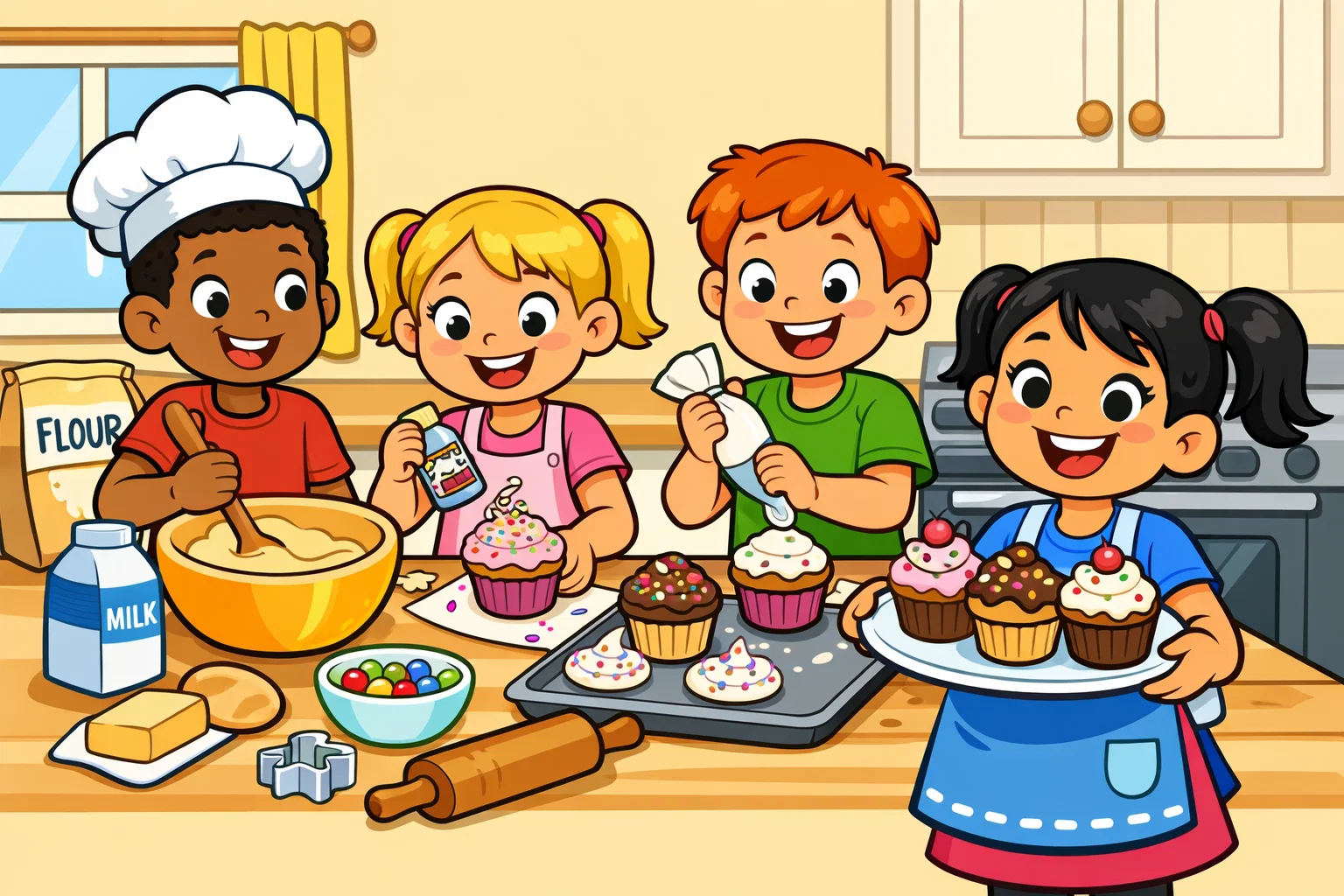 School holiday cooking baking ideas with kids making treats together in kitchen.
