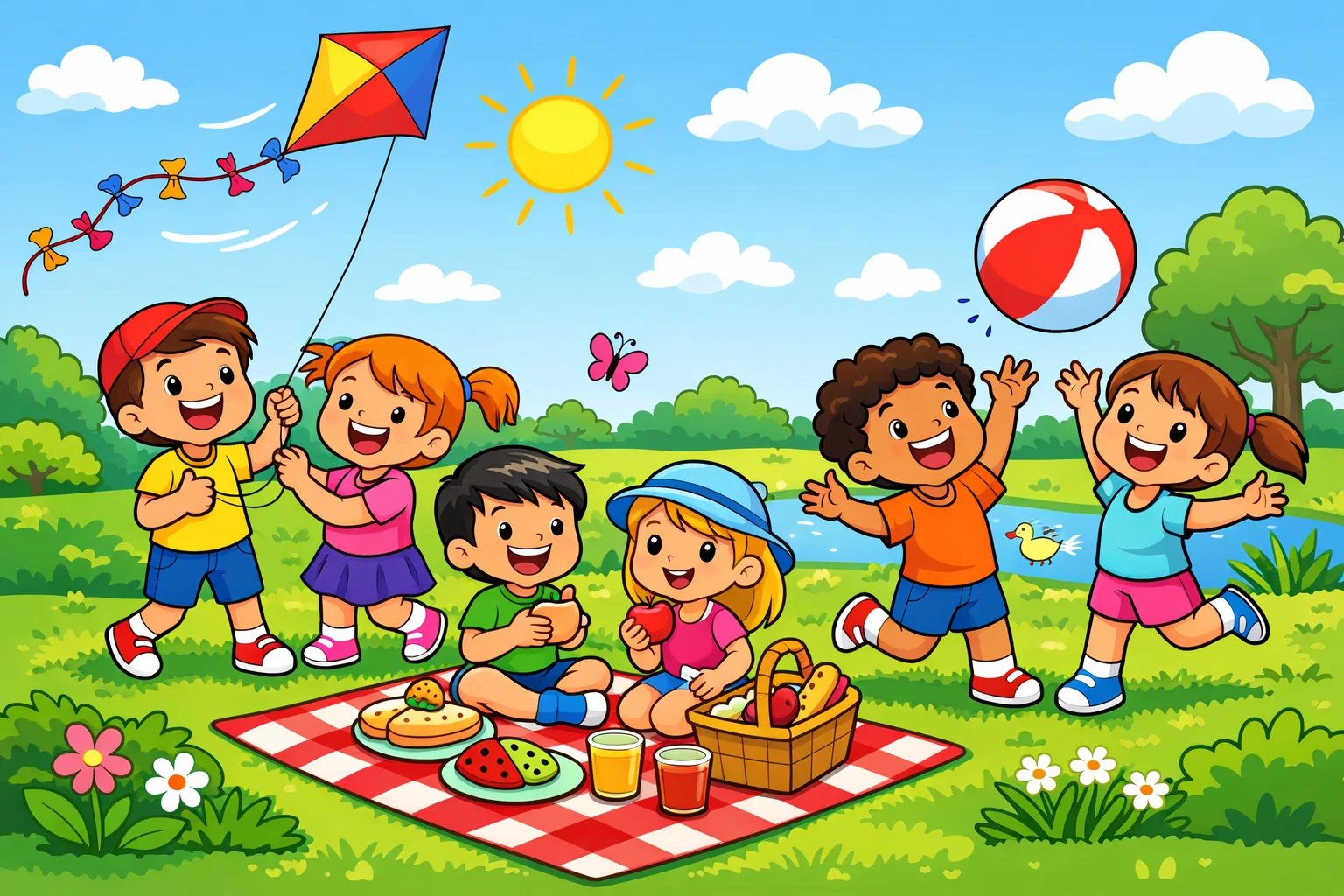 School holiday ideas outdoor with kids playing in park, flying kite and having picnic.
