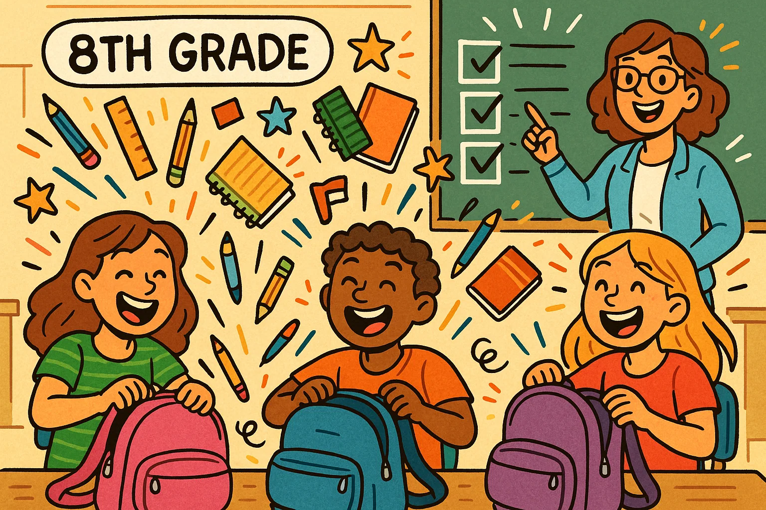 Image of 8th grade students with backpacks and school supplies in classroom. Image of 8th grade students with backpacks and school supplies in classroom.