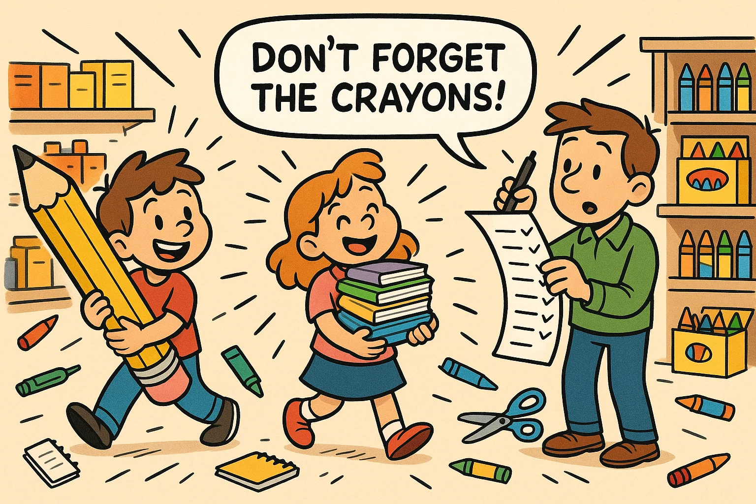 Children with books and pencil completing school supplies checklist with parent.