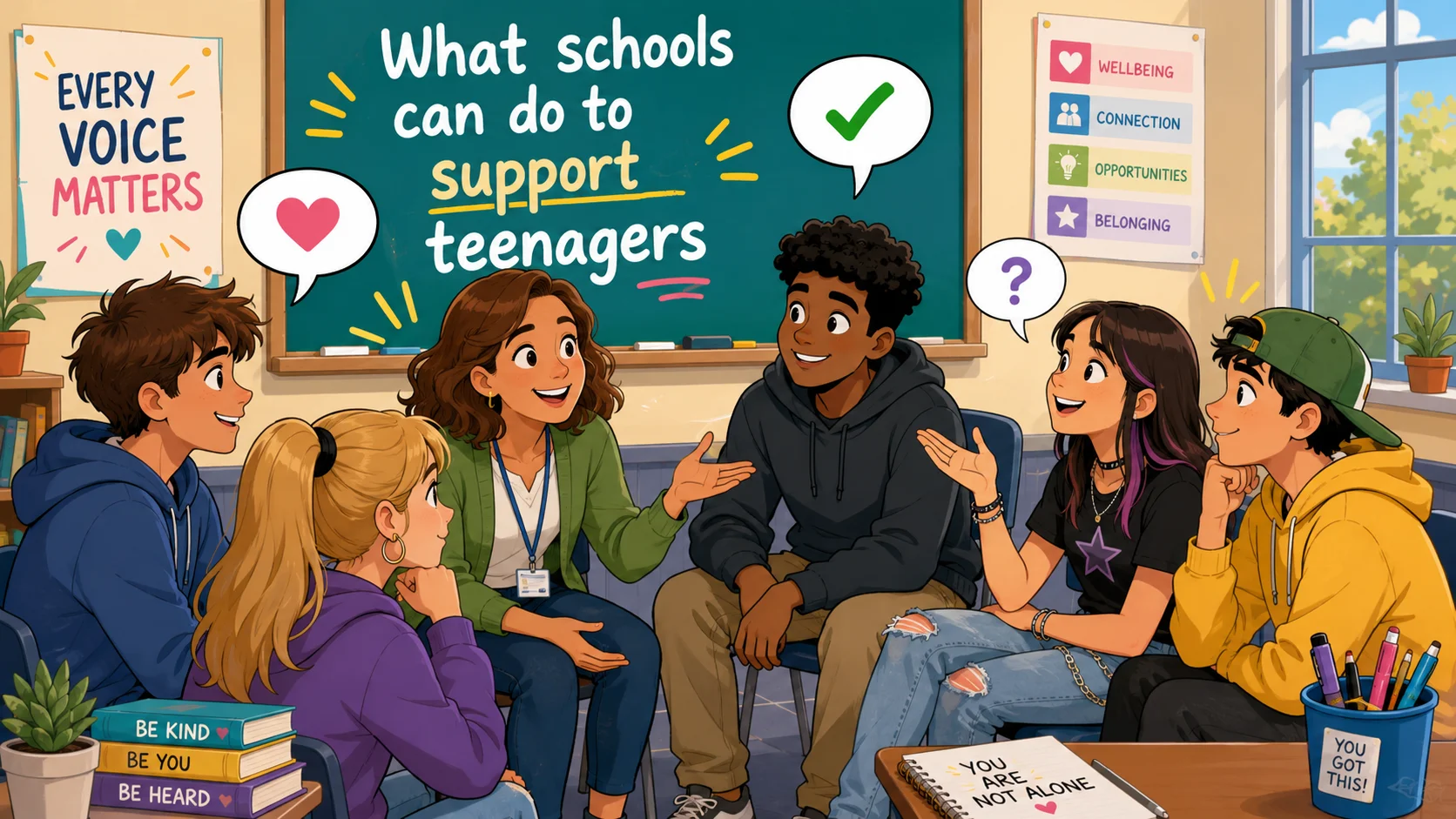 School support for teenagers in classroom discussion with teacher.