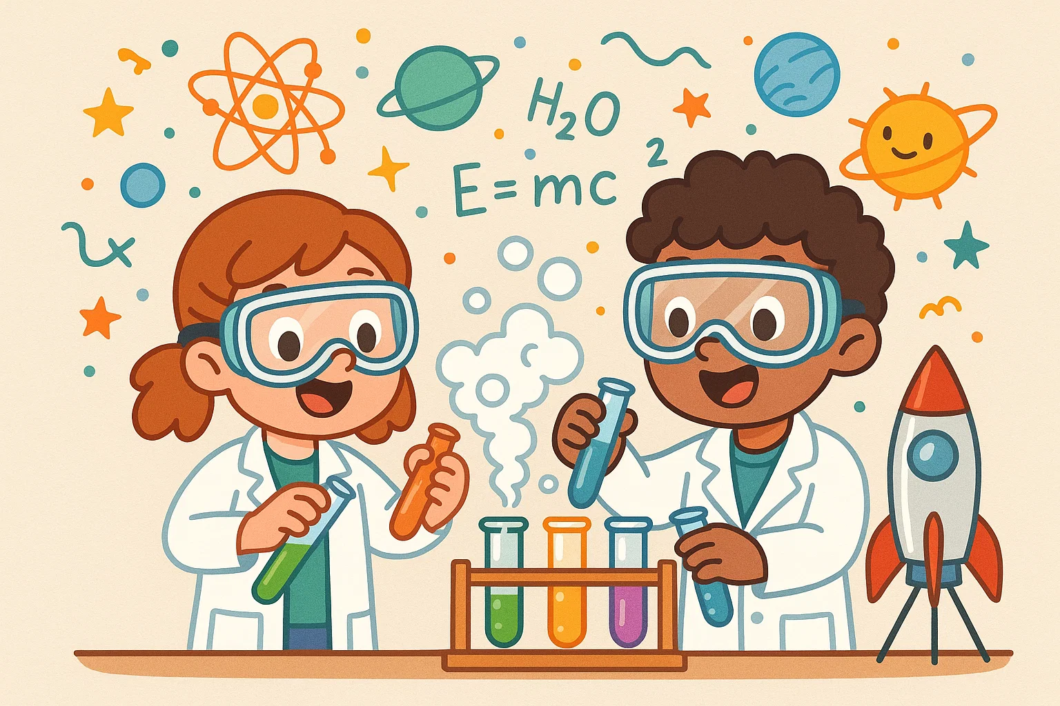 Science experiments for 5th grade with test tubes, goggles, and rocket project.
