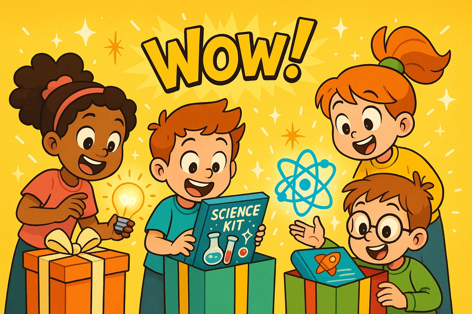 Cartoon kids opening science gifts with toys, books and STEM kits. Cartoon kids opening science gifts with toys, books and STEM kits.