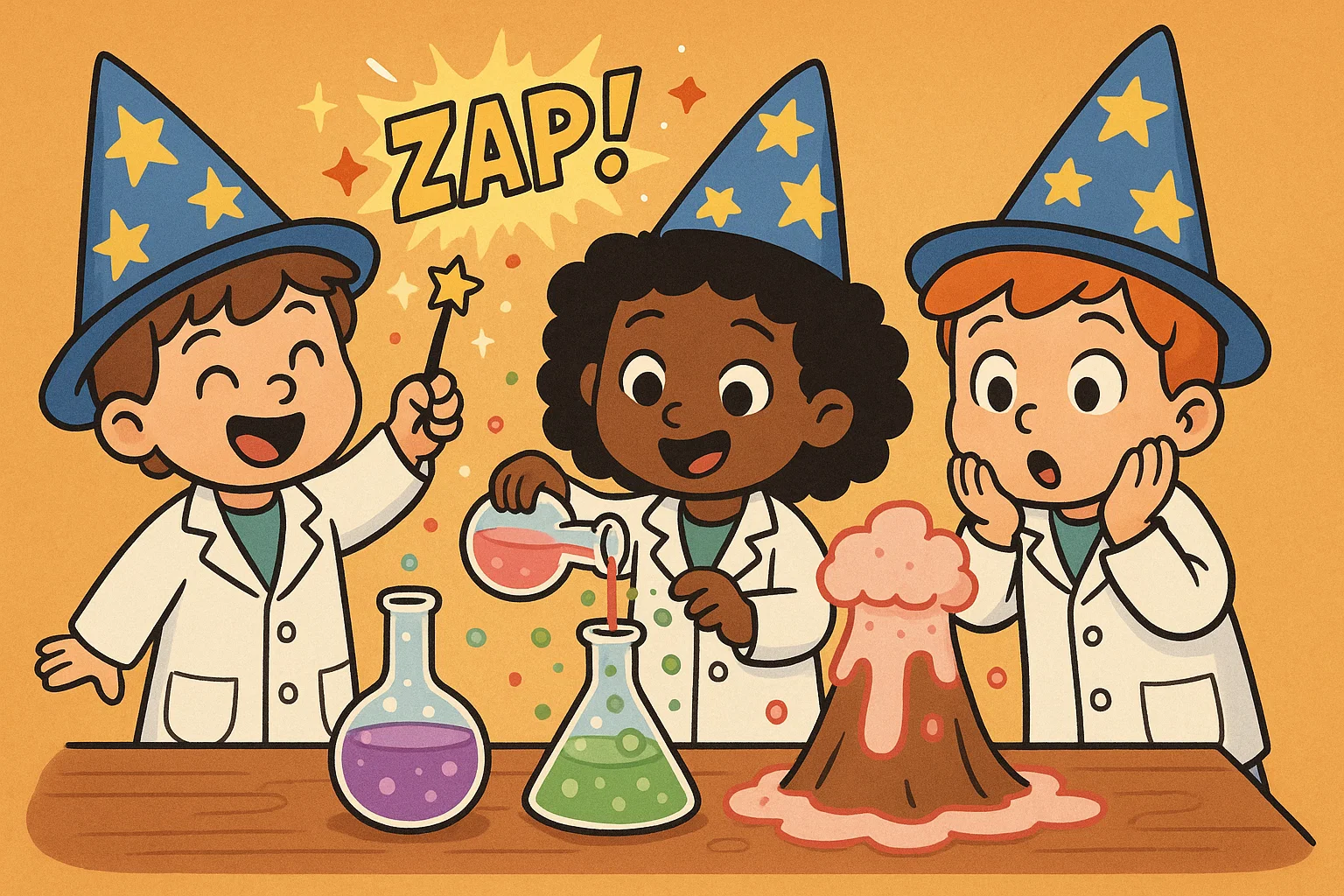 Children at birthday party doing fun science and magic experiments.

