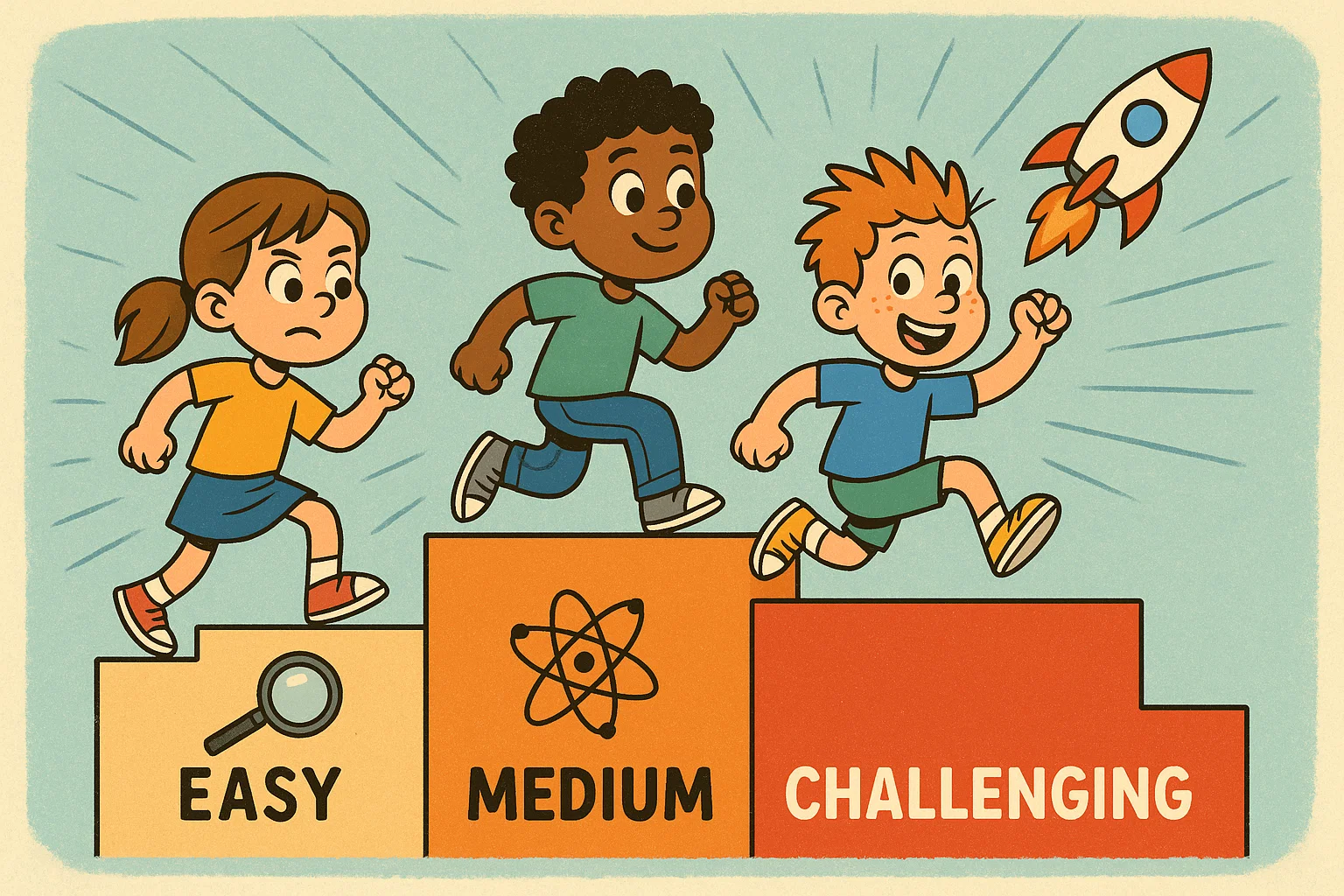 Cartoon kids climbing levels of science questions by difficulty stages. Cartoon kids climbing levels of science questions by difficulty stages.