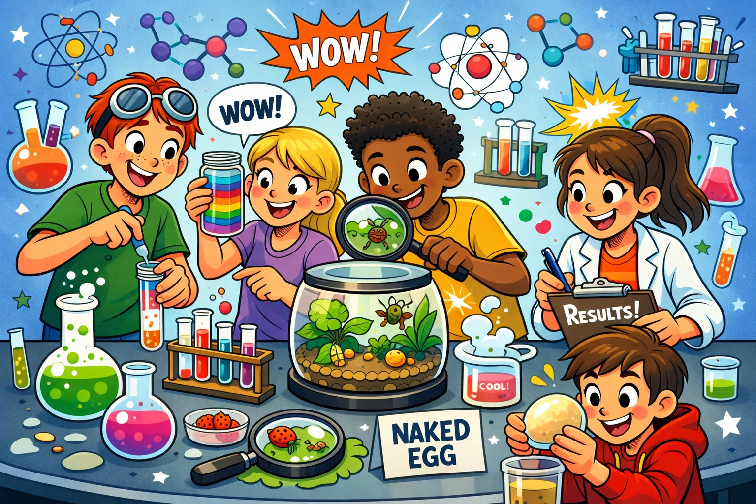 Teens working on science experiments like DNA extraction, rainbow in a jar, and egg experiments.
