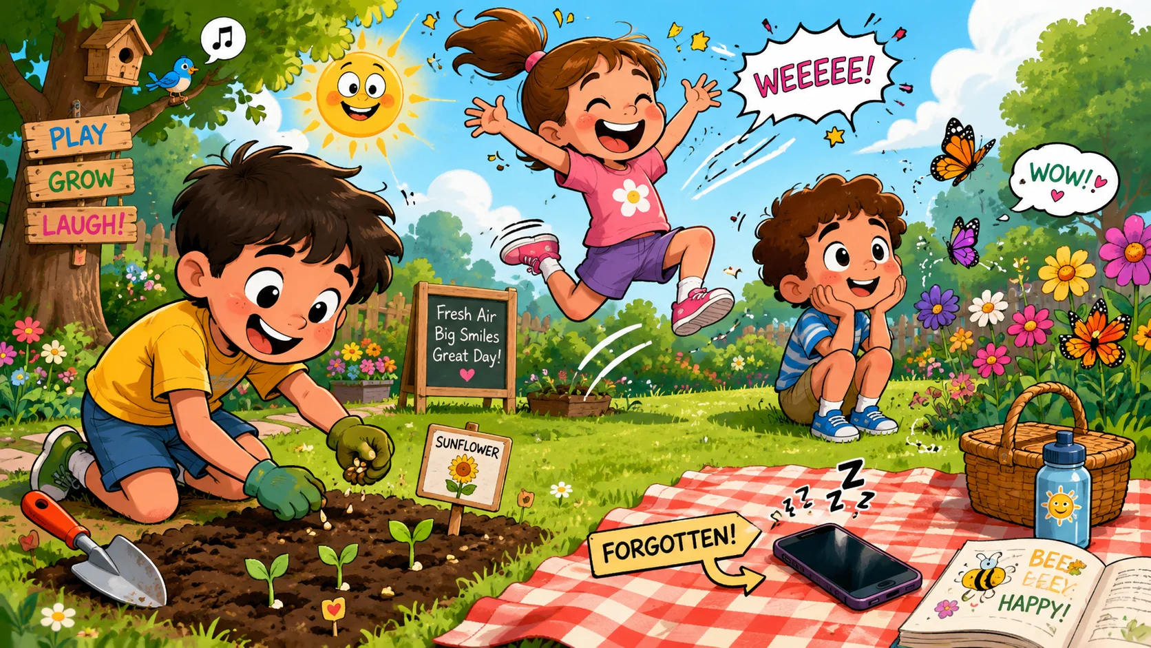 Screen free garden activities for kids planting seeds and watching butterflies.